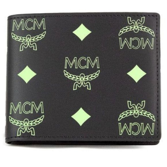MCM Other - NEW MCM Small Black Green Smooth Visetos Monogram Logo Leather Bifold Wallet